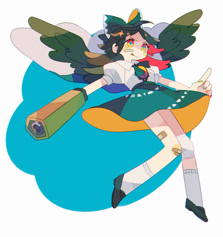 1girl, artist_request, bandaid, bandaid_on_knee, bandaid_on_leg, black_hair, black_wings, bow