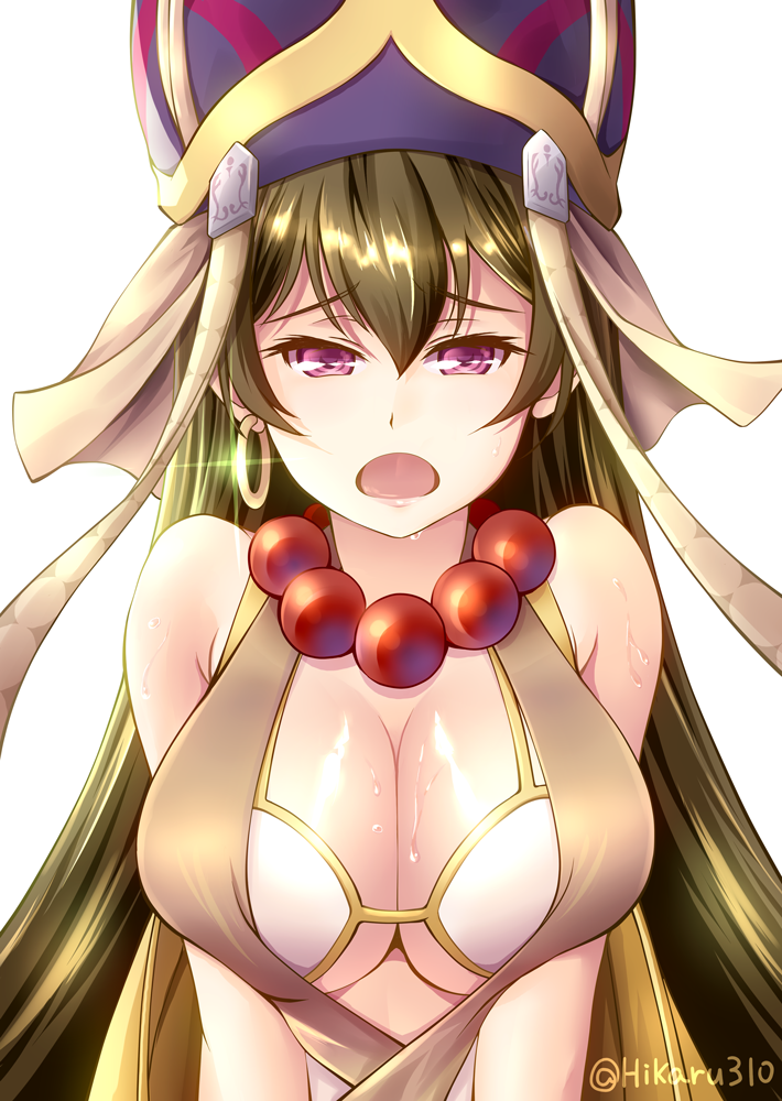 1girl, beads, breasts, cleavage, commentary_request, cowboy_shot, earrings, eyebrows_visible_through_hair