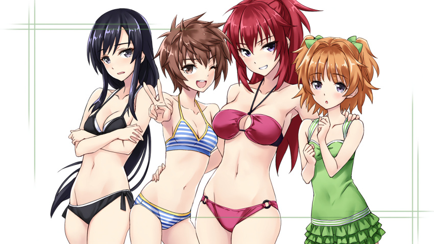 4girls, ;d, andou_teruha, bikini, black_bikini, black_eyes, black_hair, bow