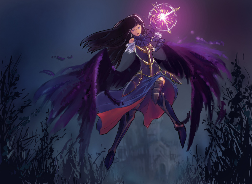 akumajo_dracula, bare_shoulders, black_hair, black_wings, boots, castlevania, castlevania:_order_of_ecclesia, dress