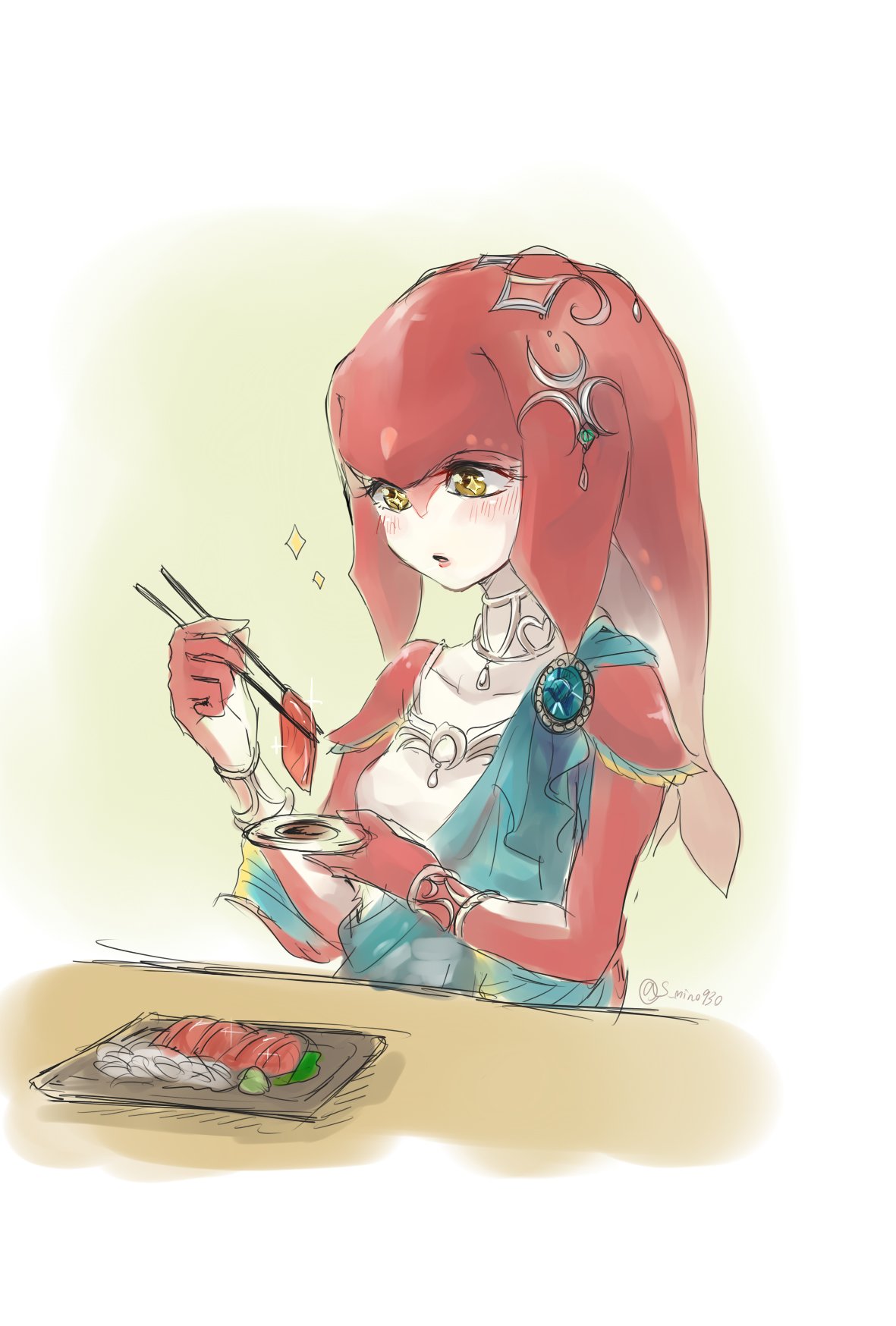 1girl, blush, breasts, fins, fish_girl, food, hair_ornament, highres, jewelry, long_hair, mipha, monster_girl, multicolored, multicolored_skin, necklace, no_eyebrows, red_skin, redhead, ritsuki_mino, solo, the_legend_of_zelda, the_legend_of_zelda:_breath_of_the_wild, white_skin, yellow_eyes, zora