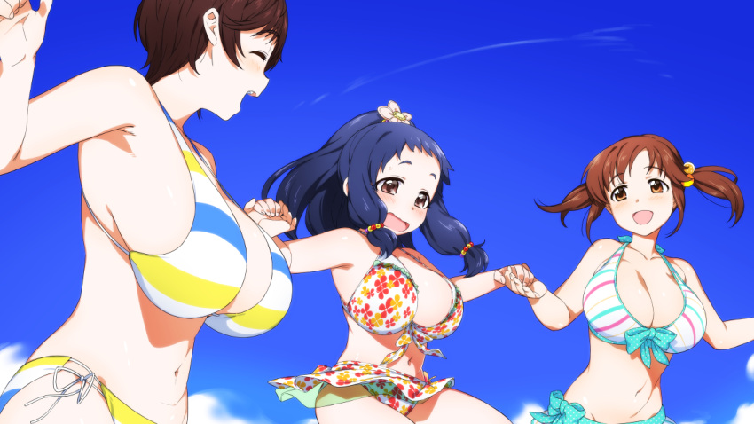 3girls, :d, ^_^, bare_shoulders, bikini, blue_hair, blush, breasts