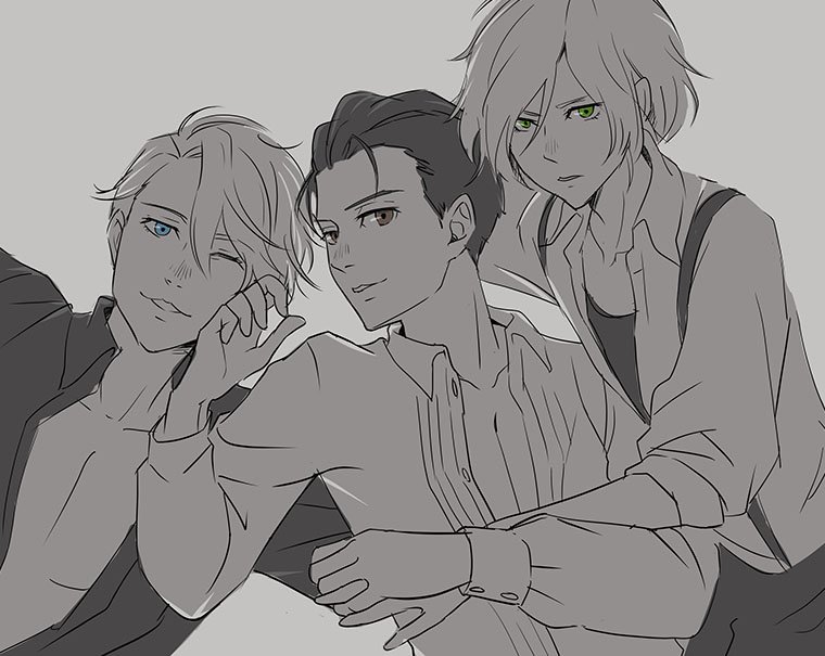 3boys, blue_eyes, brown_eyes, cst, green_eyes, hand_holding, hand_on_another's_cheek, hand_on_another's_face