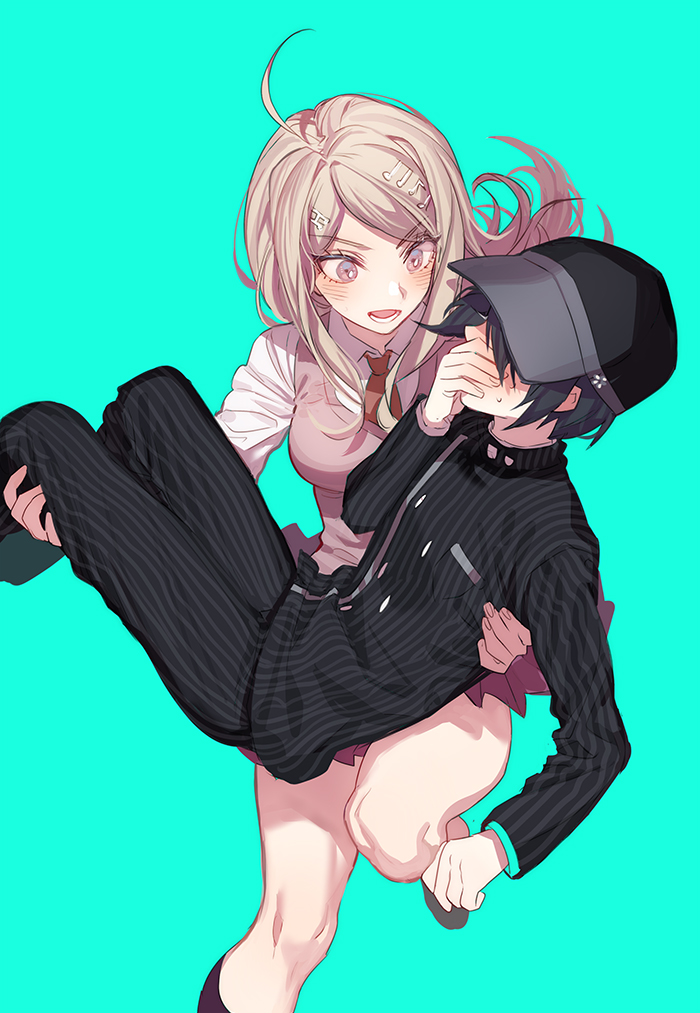 1boy, 1girl, ahoge, akamatsu_kaede, black_hair, black_legwear, blonde_hair, blue_background, blush, carrying, danganronpa_(series), danganronpa_v3:_killing_harmony, hetero, kneehighs, long_hair, long_sleeves, necktie, new_dangan_ronpa_v3, open_mouth, pants, princess_carry, red_necktie, reverse_princess_carry, running, saihara_shuichi, school_uniform, simple_background, skirt, thighs, vest, violet_eyes, zuizi