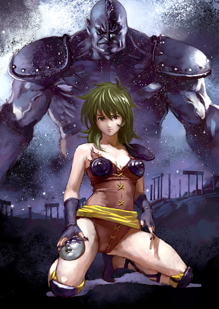 breasts, cassios, cleavage, collarbone, denchi, fingernails, green_eyes, green_hair