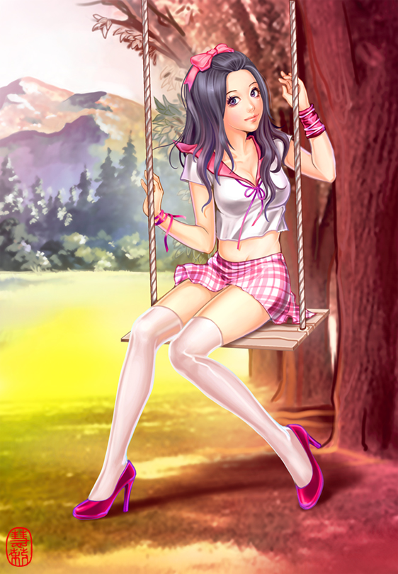 1girl, artist_name, black_hair, bow, breasts, hair_bow, high_heels, long_hair