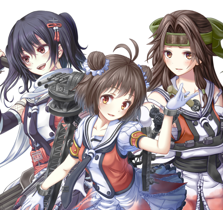 3girls, antenna_hair, black_hair, bow, brown_eyes, brown_hair, double_bun, elbow_gloves
