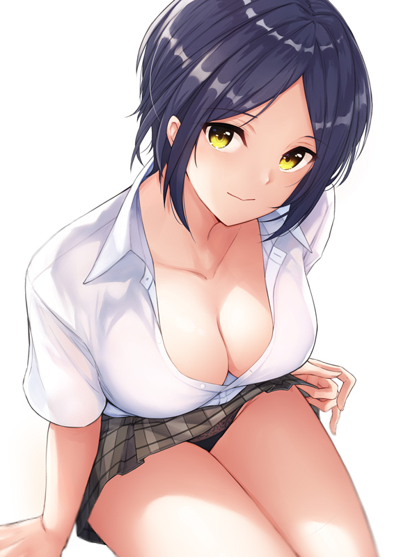 1girl, bokokichi_(you), breasts, cleavage, hayami_kanade, idolmaster, idolmaster_cinderella_girls, looking_at_viewer, purple_hair, short_hair, sitting, smile, solo, tagme, yellow_eyes