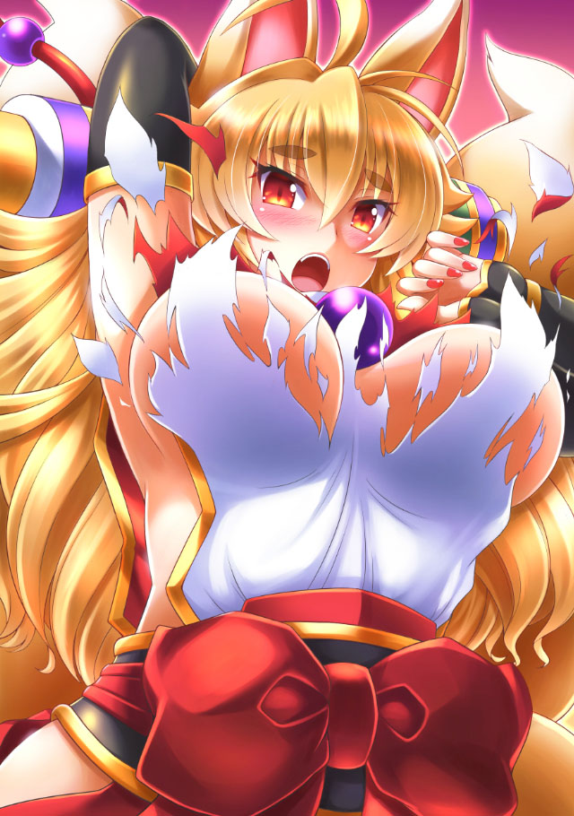 1girl, armpits, arms_up, blonde_hair, blush, breasts, izuna_(shinrabanshou), kittan_(cve27426)