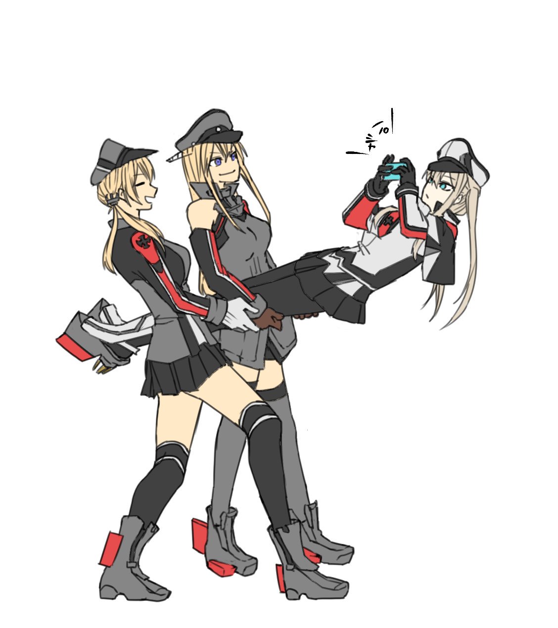 3girls, anchor, anchor_hair_ornament, bare_shoulders, bismarck_(kantai_collection), black_gloves, black_legwear, black_skirt, blonde_hair, blue_eyes, boots, breasts, brown_gloves, camera, capelet, carrying, closed_eyes, cross, detached_sleeves, gloves, graf_zeppelin_(kantai_collection), grey_legwear, hair_between_eyes, hair_ornament, hat, highres, impossible_clothes, iron_cross, jacket, kantai_collection, kriegsmarine, long_hair, low_twintails, microskirt, military, military_hat, military_uniform, miniskirt, multiple_girls, necktie, pantyhose, peaked_cap, pleated_skirt, prinz_eugen_(kantai_collection), saki_tsurugi, sidelocks, simple_background, skirt, smile, thigh-highs, twintails, uniform, white_background, white_gloves, white_hat