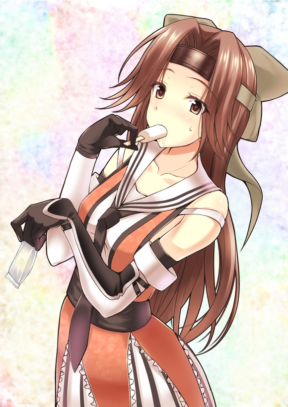 1girl, bare_shoulders, black_necktie, blush, bow, breasts, brown_bow, brown_eyes