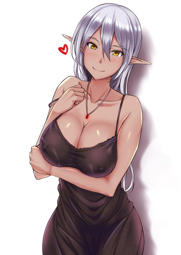 1girl, black_dress, blush, breast_hold, breasts, cleavage, closed_mouth, collarbone, cowboy_shot, dark_elf, dark_skin, dress, elf, hair_between_eyes, heart, jewelry, kuurunaitsu, large_breasts, long_hair, looking_at_viewer, necklace, original, pointy_ears, silver_hair, smile, solo, strap_slip, yellow_eyes