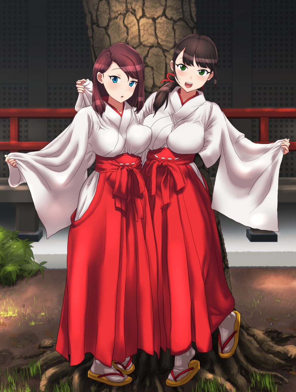 2girls, black_hair, blue_eyes, blush, breasts, brown_hair, commentary_request, gohei