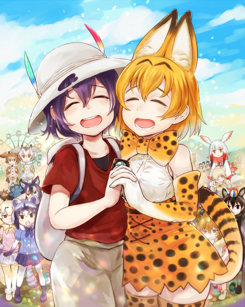 19girls, 6+girls, alpaca_suri, animal_ears, animal_print, backpack, bag, bare_shoulders, black_eyes, black_gloves, black_hair, blonde_hair, blue_sky, bow, brown_eyes, brown_hair, closed_eyes, crested_ibis_(kemono_friends), elbow_gloves, emperor_penguin_(kemono_friends), eurasian_eagle_owl_(kemono_friends), fennec_(kemono_friends), gentoo_penguin_(kemono_friends), gloves, grey_hair, grey_wolf_(kemono_friends), hat, hat_feathers, heterochromia, highres, humboldt_penguin_(kemono_friends), kaban_(kemono_friends), kemono_friends, lion_(kemono_friends), looking_at_viewer, mimit, multiple_girls, northern_white-faced_owl_(kemono_friends), open_mouth, pantyhose, penguins_performance_project_(kemono_friends), raccoon_(kemono_friends), rockhopper_penguin_(kemono_friends), royal_penguin_(kemono_friends), serval_(kemono_friends), serval_ears, serval_print, serval_tail, shirt, shoebill_(kemono_friends), short_hair, shorts, skirt, sky, sleeveless, sleeveless_shirt, standing, t-shirt, tail, thigh-highs, violet_eyes, white_shirt, yellow_eyes, zettai_ryouiki