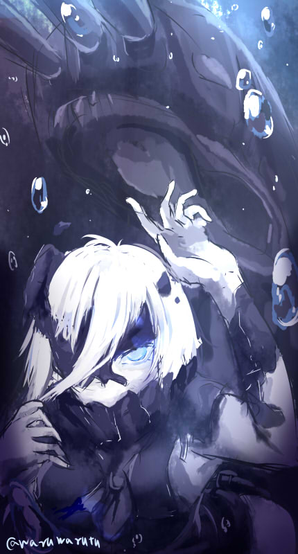 1girl, air_bubble, blue_eyes, covered_eye, covered_mouth, glowing, glowing_eyes, hand_up