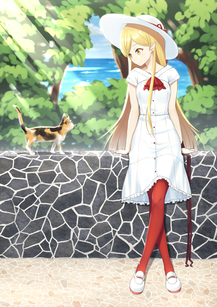 1girl, blonde_hair, blue_sky, cat, closed_mouth, clouds, cloudy_sky, day