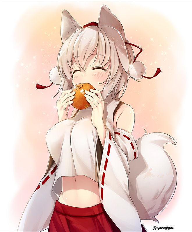 1girl, animal_ears, bangs, blush, bread, breasts, closed_eyes, commentary_request