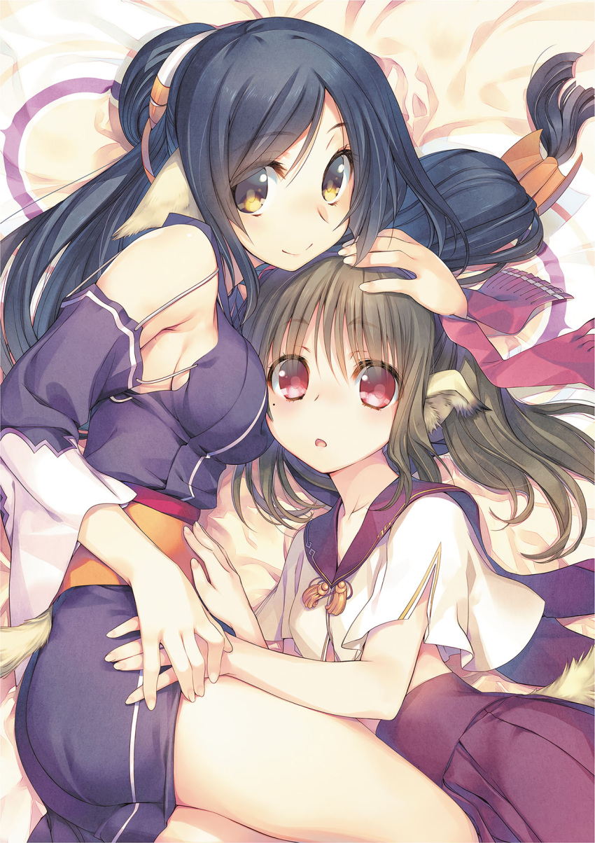 2girls, :o, amazuyu_tatsuki, blue_hair, breasts, brown_eyes, brown_hair, detached_sleeves, dress, eyebrows_visible_through_hair, hair_bun, hair_ornament, hand_holding, hand_on_another's_head, hand_on_head, high-waist_skirt, highres, japanese_clothes, kuon_(utawareru_mono), long_hair, looking_at_viewer, low-tied_long_hair, lying, medium_breasts, midriff, mole, mole_under_eye, multiple_girls, nekone_(utawareru_mono), obi, official_art, on_side, pink_eyes, pleated_skirt, sash, short_dress, sideboob, skirt, small_breasts, smile, tail, utawareru_mono, utawareru_mono:_itsuwari_no_kamen