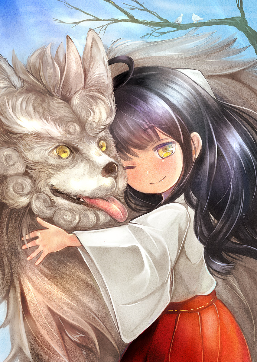 1girl, animal, bird, black_hair, day, dog, highres, japanese_clothes