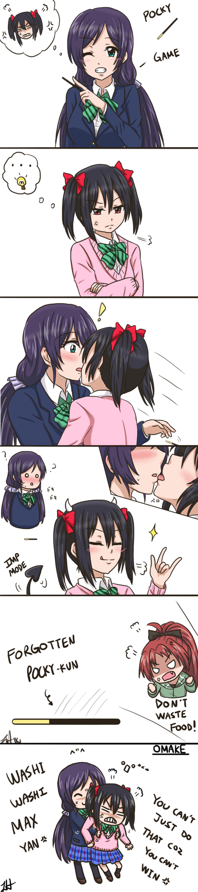 3girls, ?, \m/, anger_vein, athyra, black_hair, blazer, bow