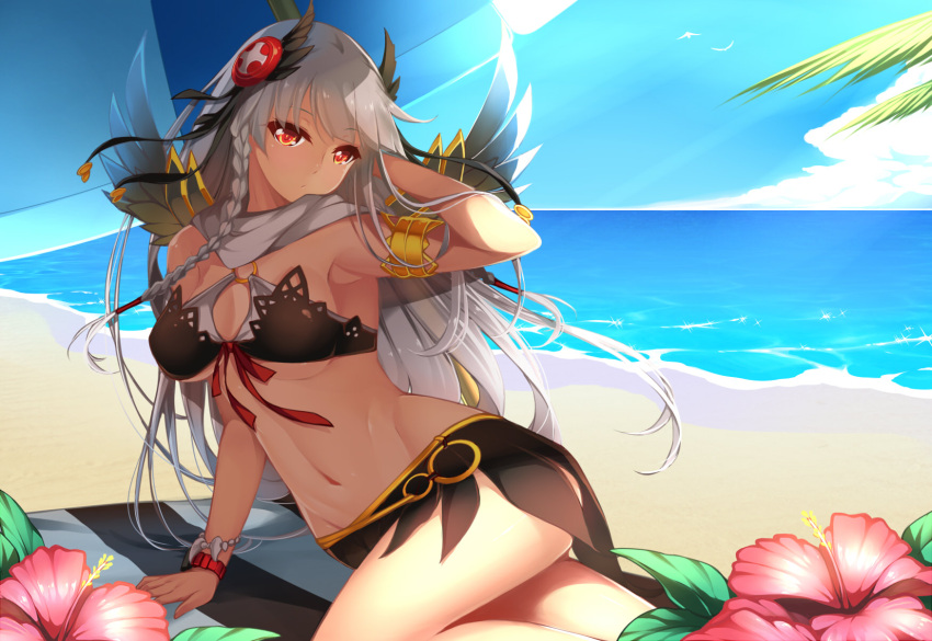 1girl, armlet, beach, beach_umbrella, bracelet, braid, breasts, chinese_commentary
