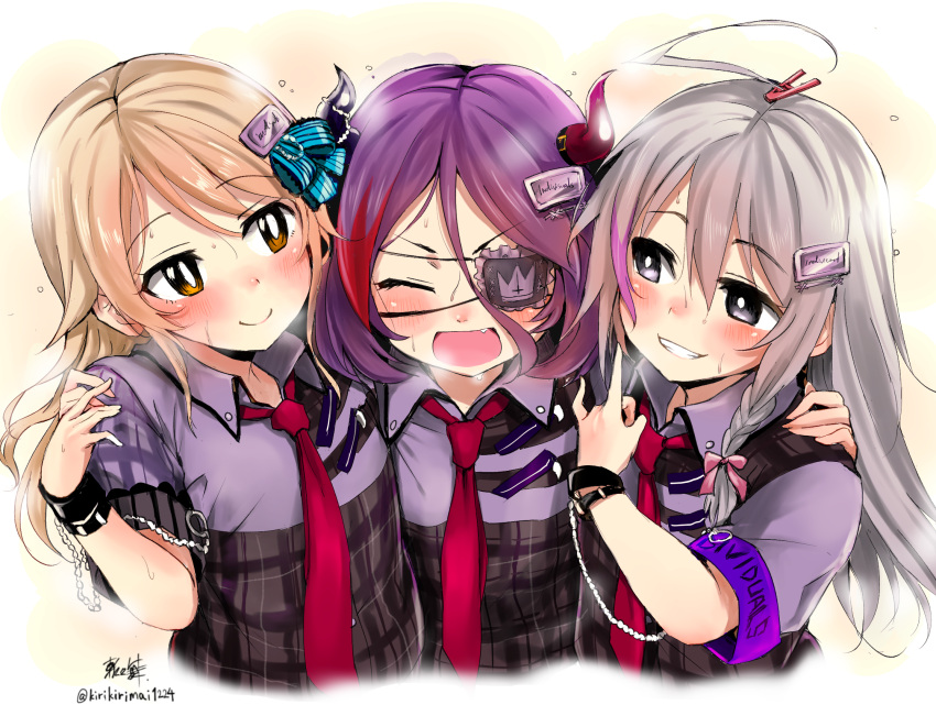 3girls, :d, ^_^, ahoge, artist_name, bangs, blonde_hair, blush