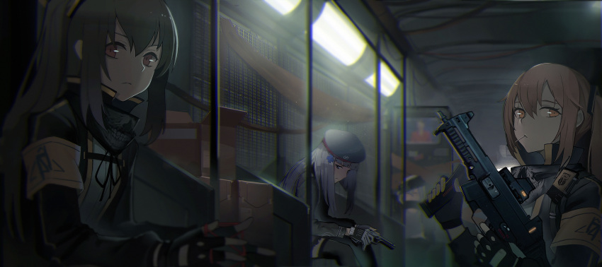 3girls, absurdres, aqua_hair, armband, black_gloves, black_jacket, blurry, blurry_background