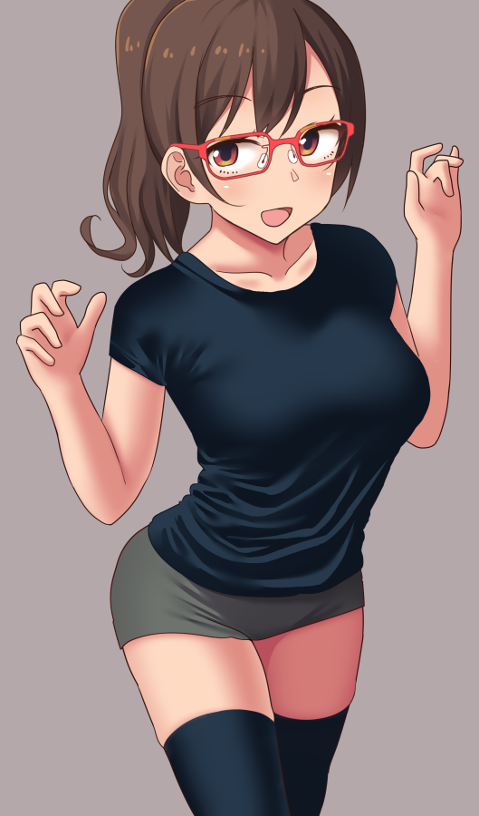 1girl, breasts, brown_hair, glasses, high_ponytail, large_breasts, long_hair, neri_sachiko