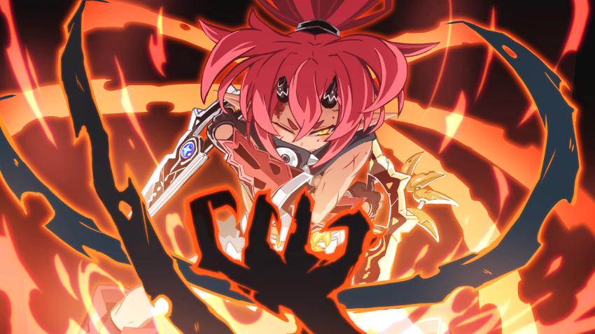 1girl, absurdres, battle, dagger, fire, game_cg, highres, injury