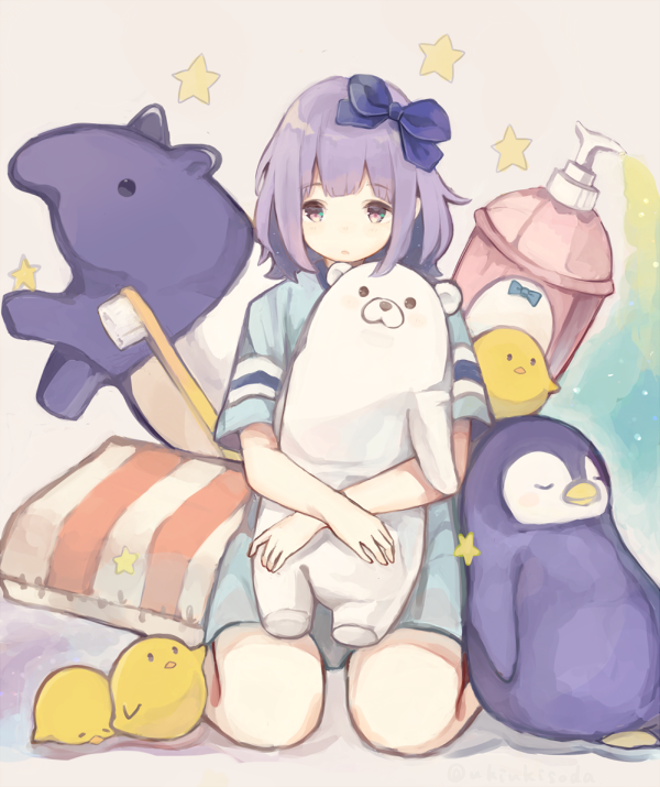 1girl, bird, blue_bow, blue_eyes, bow, chick, eyebrows_visible_through_hair, hair_bow