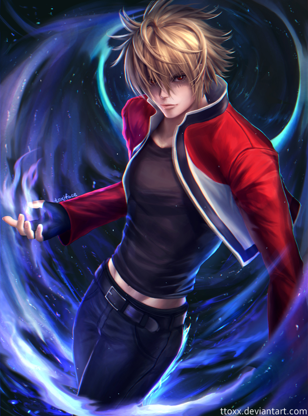 1boy, artist_name, aura, belt, black_gloves, black_pants, black_shirt, blonde_hair