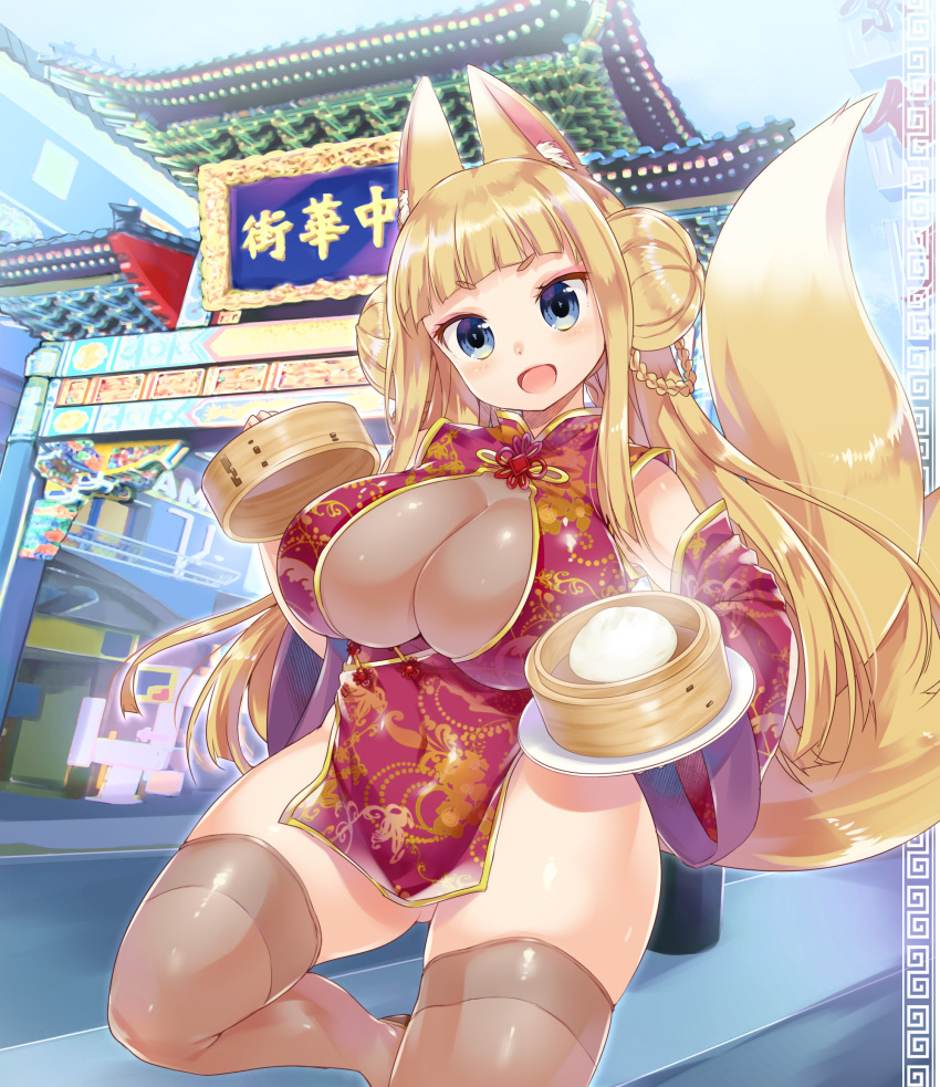 1girl, animal_ears, blonde_hair, blue_eyes, blush, breasts, china_dress, chinese_clothes