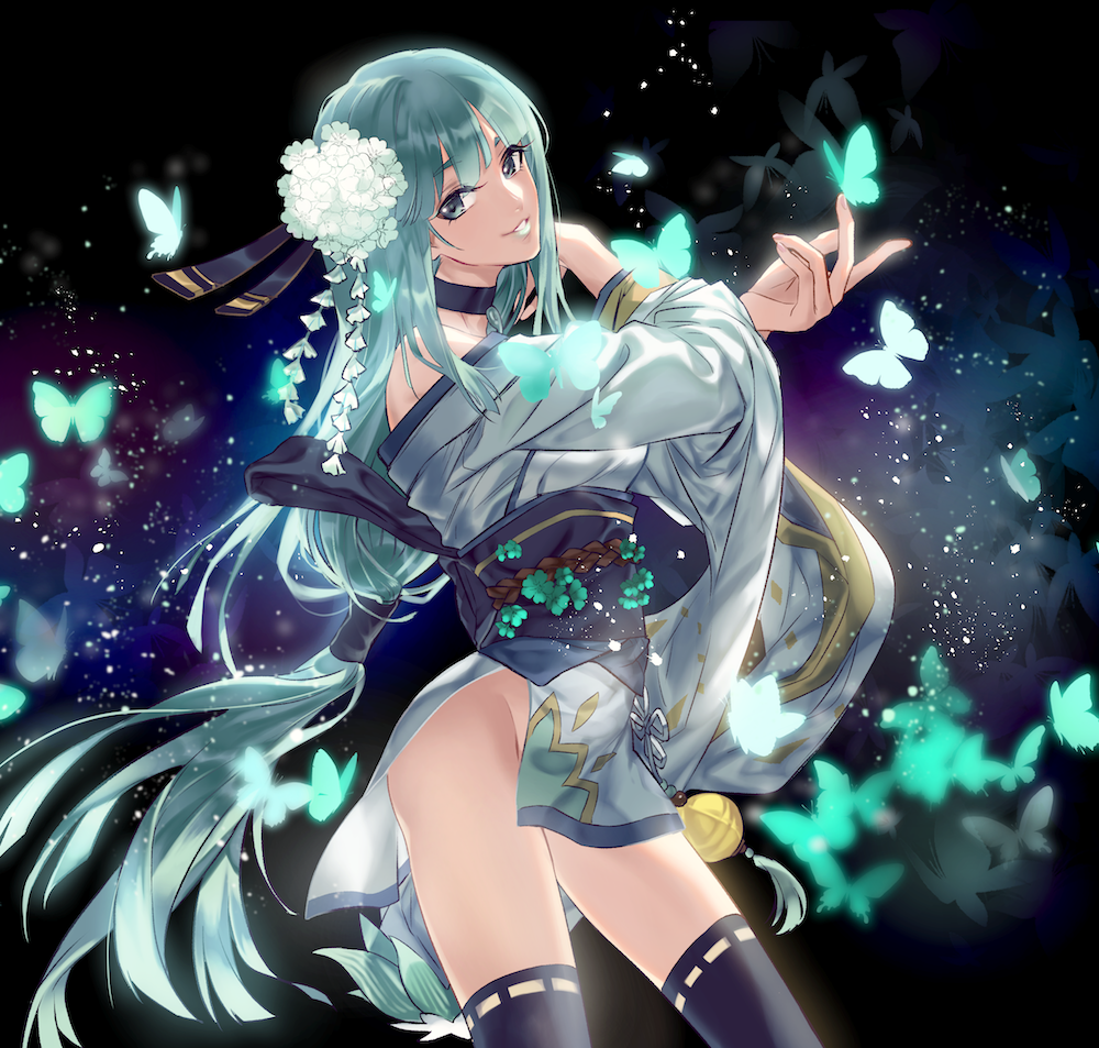 1girl, aoandon, bangs, bare_shoulders, black_legwear, blue_eyes, blue_lipstick, blunt_bangs