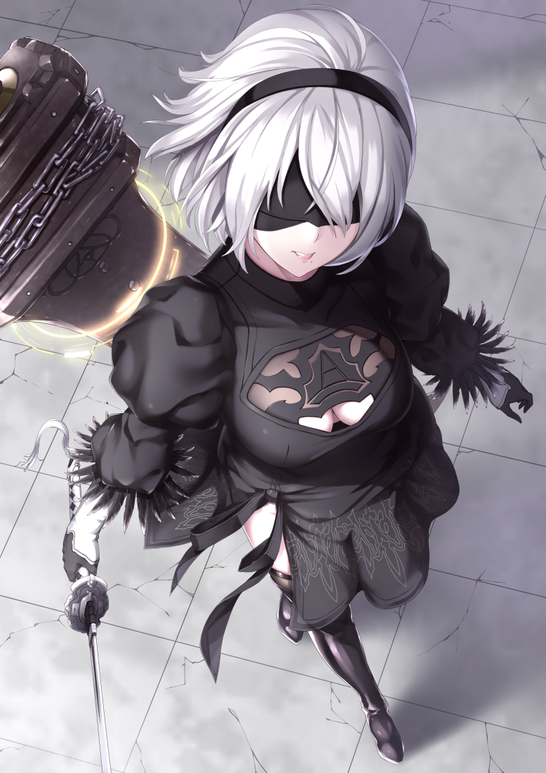 1girl, :d, arm_at_side, bangs, black_boots, black_dress, black_hairband, black_legwear, black_ribbon, blindfold, boots, breasts, broadsword, brown_legwear, cleavage, cleavage_cutout, covered_eyes, dress, feather-trimmed_sleeves, feather_trim, from_above, full_body, gloves, greatsword, groin, hair_over_eyes, hairband, holding, holding_sword, holding_weapon, huge_weapon, juliet_sleeves, katana, legs_apart, long_sleeves, medium_breasts, mole, mole_under_mouth, nier_(series), nier_automata, open_mouth, parted_lips, pink_lips, puffy_sleeves, ribbed_dress, ribbon, shiny_clothes, short_dress, short_hair, side_slit, silver_hair, smile, solo, standing, sword, tassel, teeth, thigh-highs, thigh_boots, vambraces, weapon, weapon_on_back, yorha_no._2_type_b, yukikaze_(aaassszzz)
