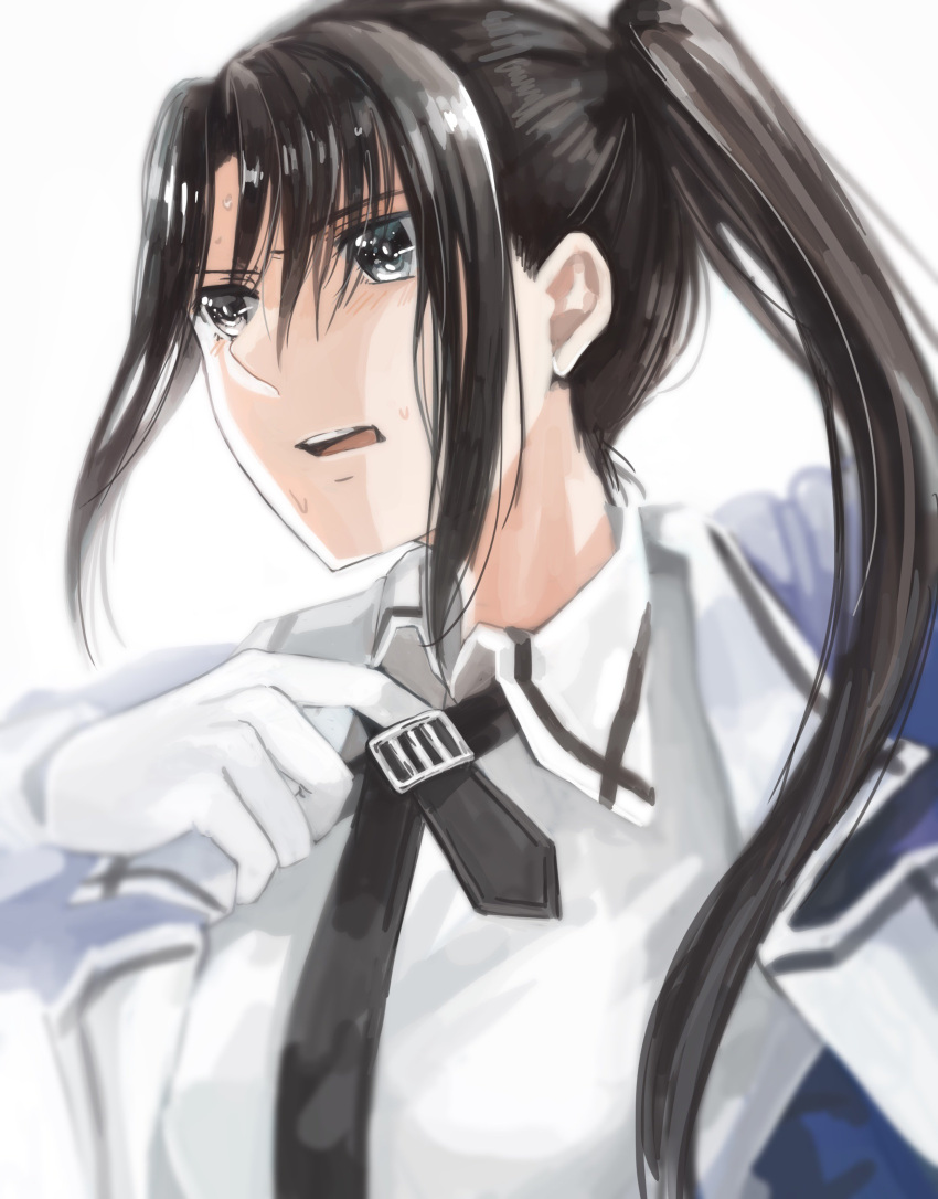 1girl, absurdres, adjusting_clothes, black_hair, blush, brown_eyes, collared_shirt, gloves