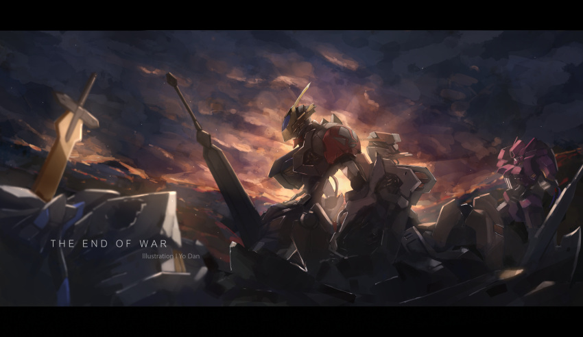 absurdres, artist_name, axe, battle_damage, broken, commentary_request, eep167389, gundam