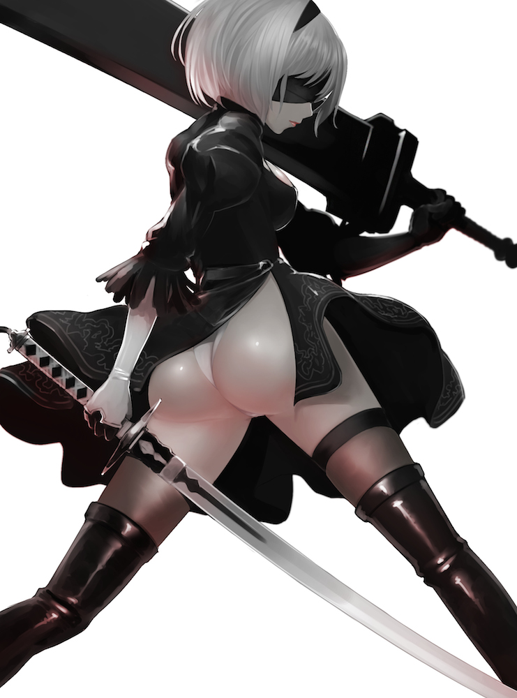 1girl, ass, bangs, black_dress, black_gloves, black_hairband, black_legwear, blindfold