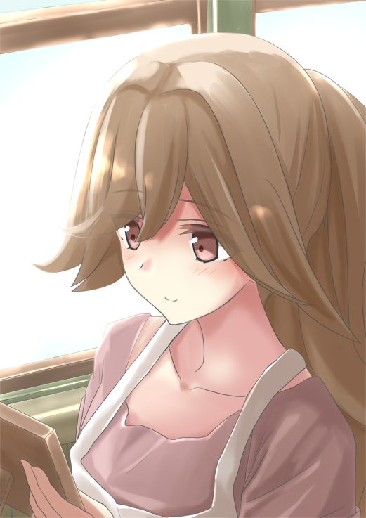1girl, apron, atra_mixta, blush, brown_eyes, brown_hair, collarbone, from_above