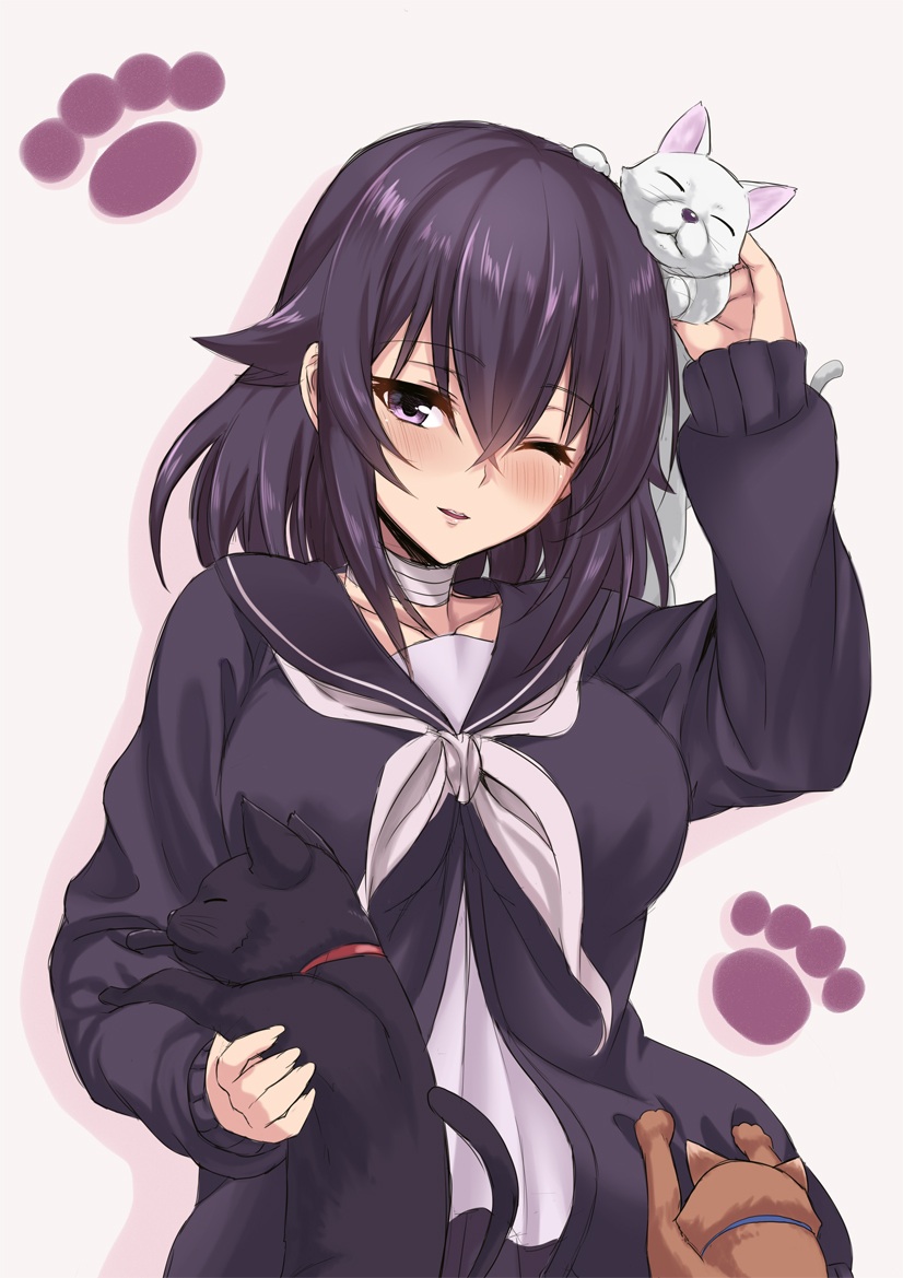 1girl, ;), black_hair, black_serafuku, breasts, cat, choker, collarbone