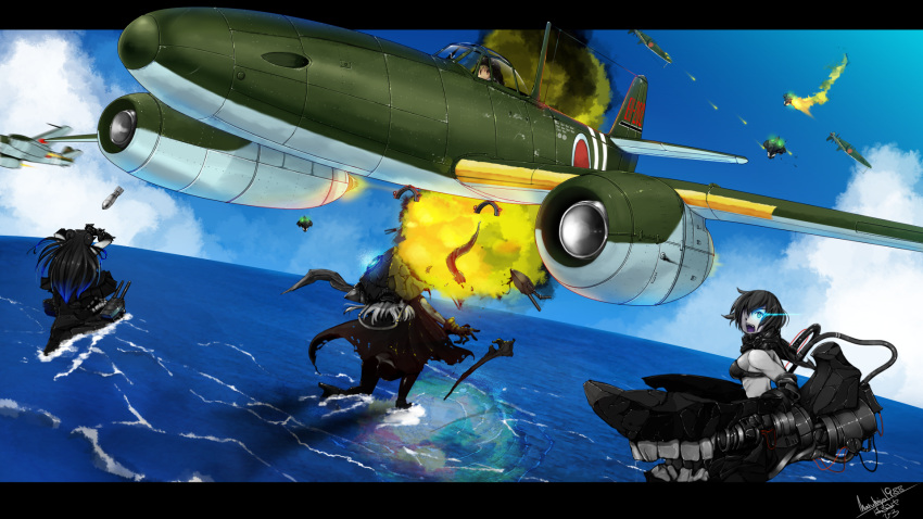 aircraft, airplane, black_hair, bomb, clouds, enemy_aircraft_(kantai_collection), explosion, fighter_jet