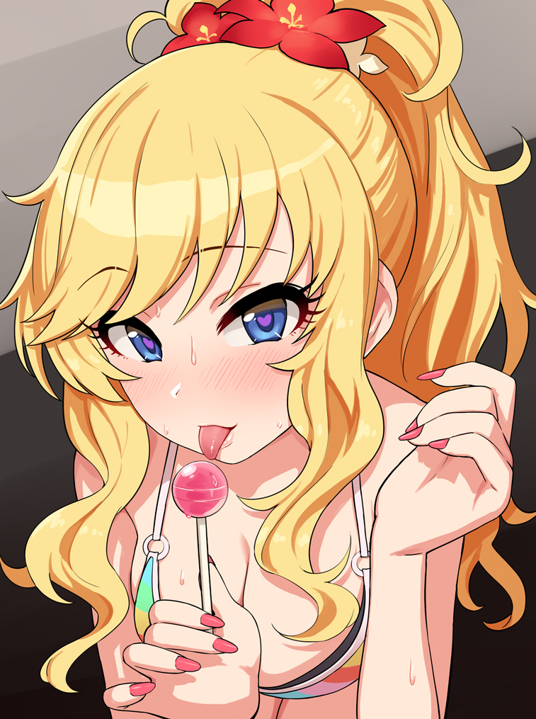 1girl, bikini, blonde_hair, blue_eyes, blush, breasts, candy, cleavage