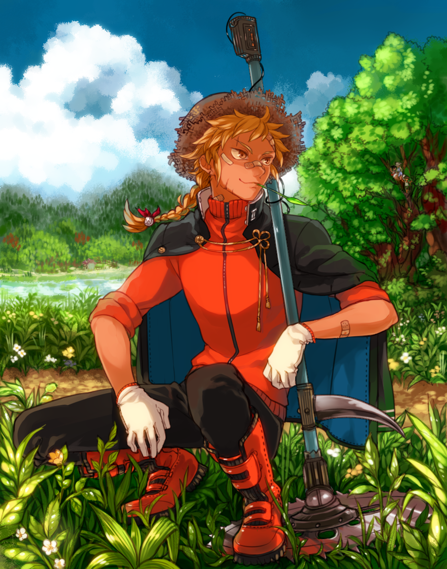 1boy, bandage_on_face, bandaid, bandaid_on_face, black_jacket, black_pants, blonde_hair, blue_sky