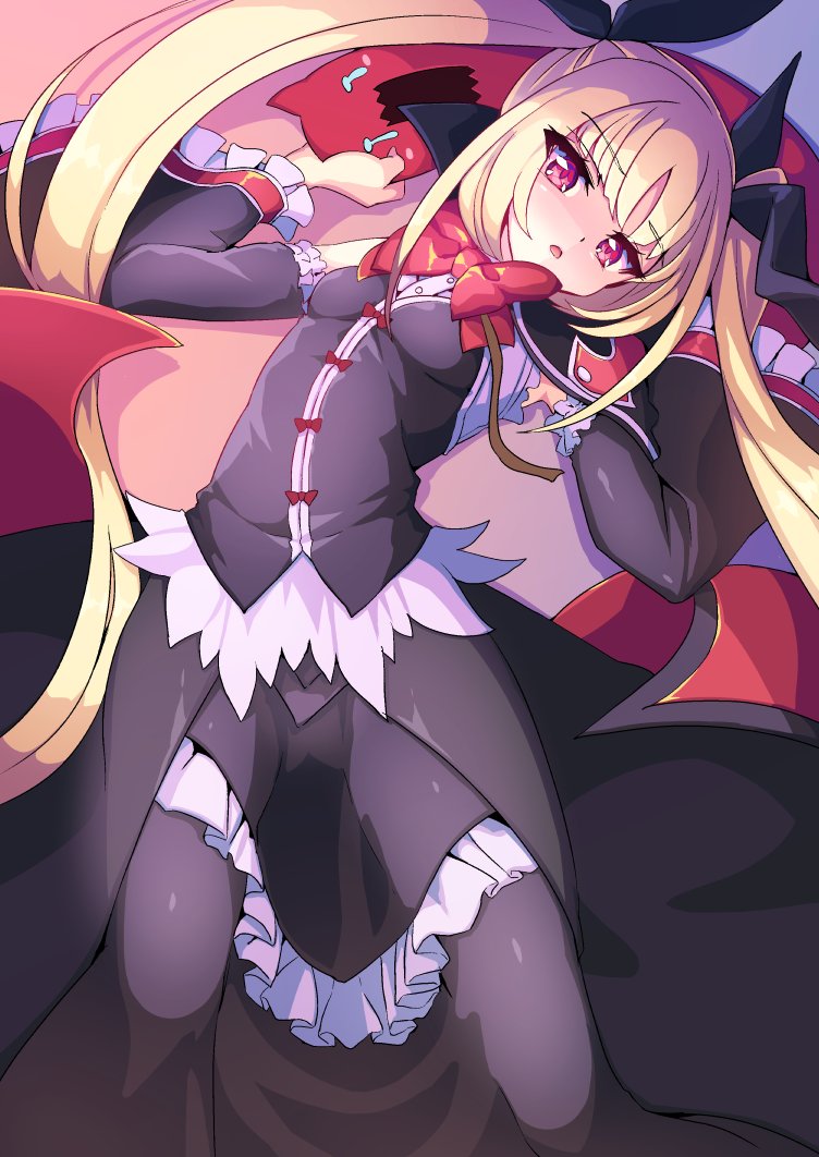 1girl, bat_wings, blazblue, blonde_hair, bow, detached_sleeves, dress, gothic_lolita