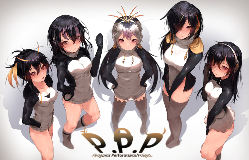 5girls, absurdres, black_hair, blush, breasts, cleavage, closed_mouth, collarbone