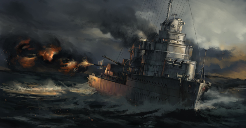 abe_yasushi_(umizoi_tibet), destroyer, flag, military, military_vehicle, no_humans, ocean, ognevoy-class_destroyer