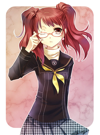 bad_id, glasses, kujikawa_rise, peperonchiino, persona, persona_4, pink-framed_glasses, school_uniform