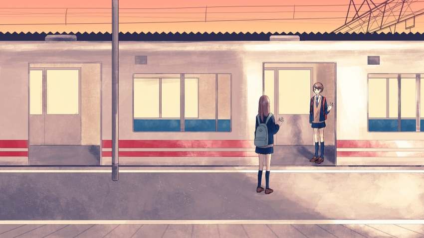 2girls, arm_at_side, arm_up, backpack, bag, blue_necktie, blue_shirt, blue_skirt