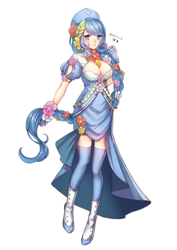 1girl, blue_dress, blue_eyes, blue_gloves, blue_hair, blue_hat, blue_legwear, boots