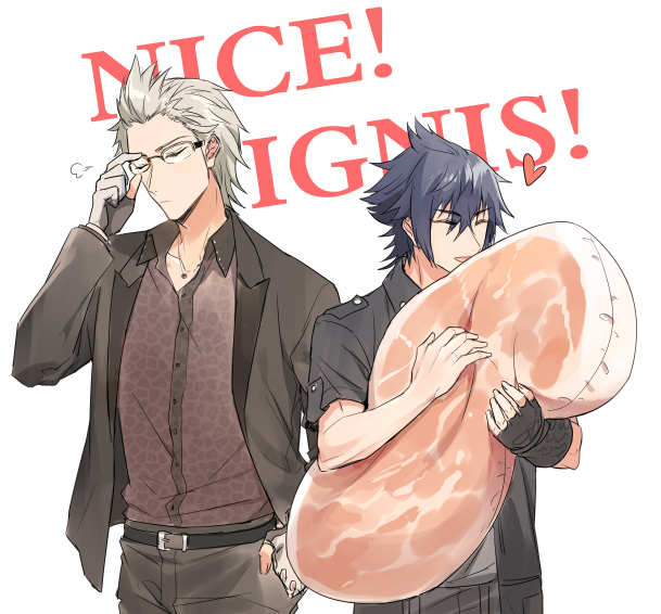 2boys, adjusting_glasses, animal_print, black_hair, black_jacket, brown_hair, final_fantasy, final_fantasy_xv
