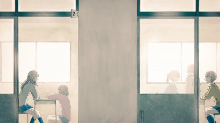5girls, arms_at_sides, blue_legwear, blue_skirt, brown_hair, class_number, classroom, closed_mouth